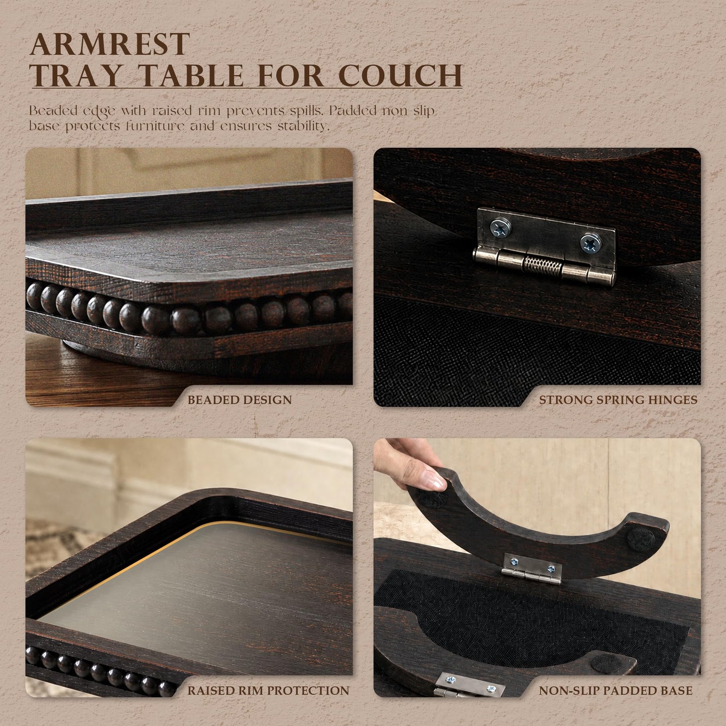 Pine Wood Sofa Arm Tray with Beaded Edge for Home Decor - Foldable Sofa Armrest Tray as Side Coffee Table - Anti-Slip Couch Armrest Trays for Putting Remote Control (Distressed Black,13"x9"x1")