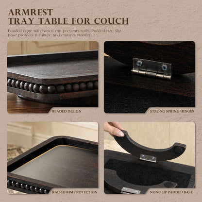 Pine Wood Sofa Arm Tray with Beaded Edge for Home Decor - Foldable Sofa Armrest Tray as Side Coffee Table - Anti-Slip Couch Armrest Trays for Putting Remote Control (Distressed Black,13"x9"x1")