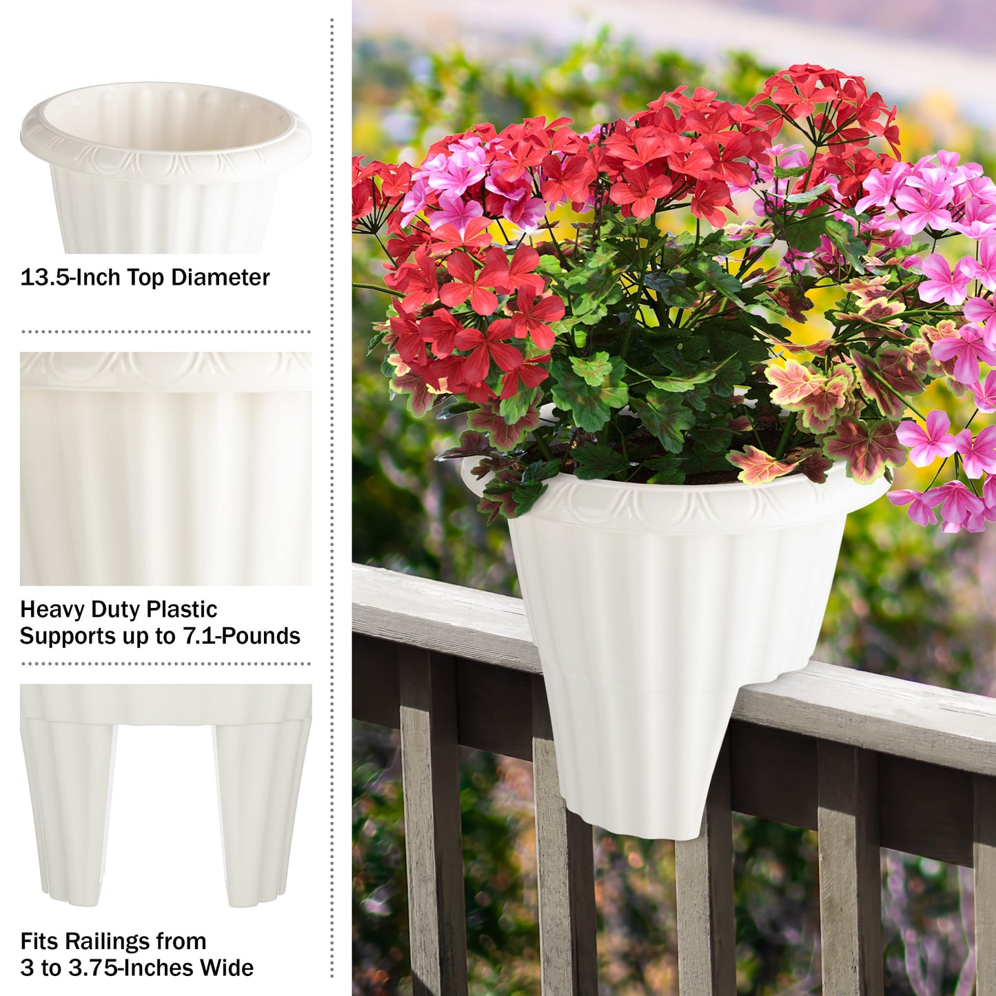 Railing Planter Box 2-Pack - 13.5-Inch Round Outdoor Flower Pots with Drainage Inserts - 2.64-Gallon Outdoor Planters for Porch, Deck, Fence, or Balcony Railings 3” - 3.75” Wide by Pure Garden (White)