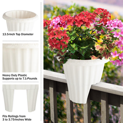 Railing Planter Box 2-Pack - 13.5-Inch Round Outdoor Flower Pots with Drainage Inserts - 2.64-Gallon Outdoor Planters for Porch, Deck, Fence, or Balcony Railings 3” - 3.75” Wide by Pure Garden (White)