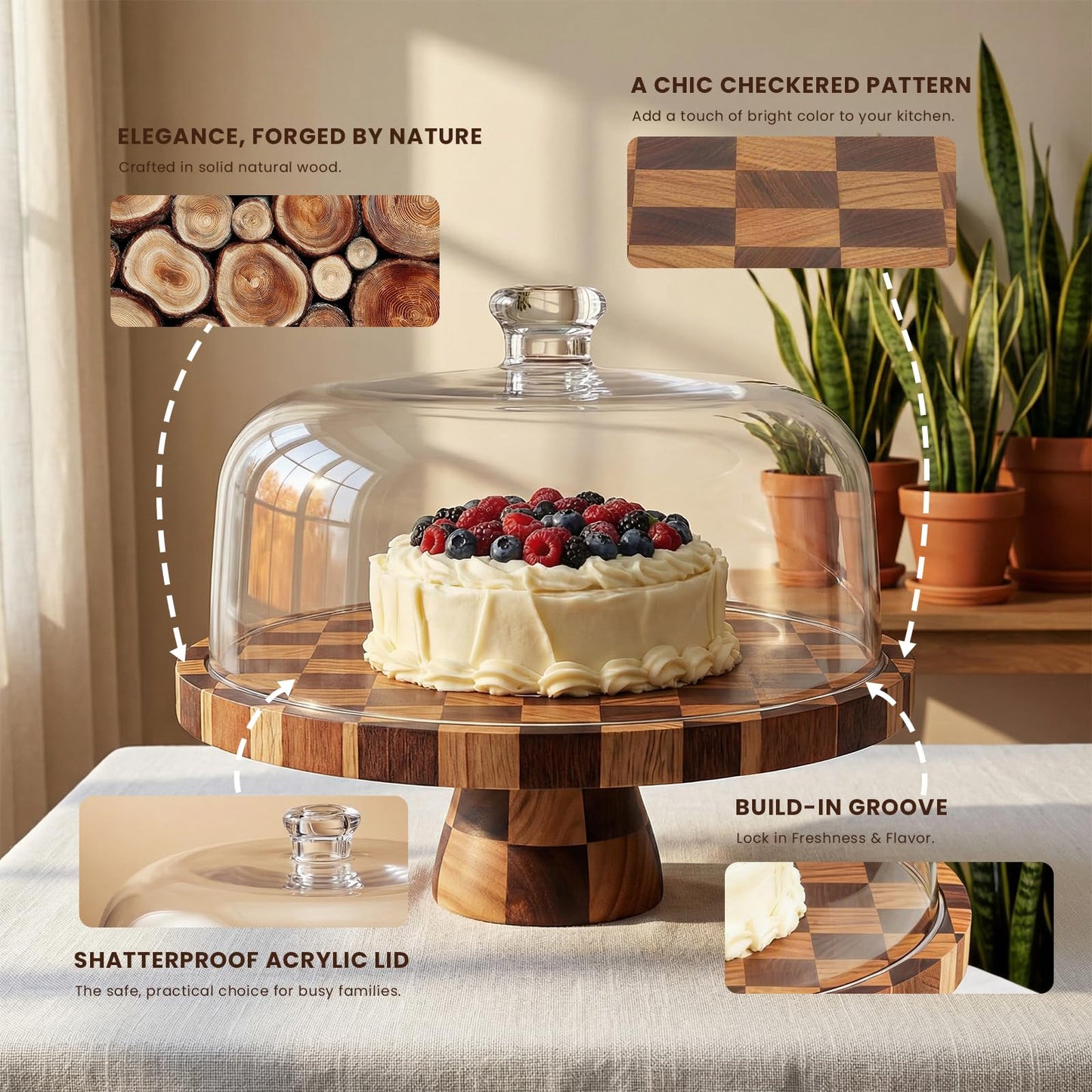 Metflavor Cake Stand with Dome Lid - 12in Wooden Cake Stand with Shatterproof Acrylic Dome, 2-in-1 Dessert Display & Charcuterie Board, Checkered Platter for Serving Cupcakes, Cheese and Fruits