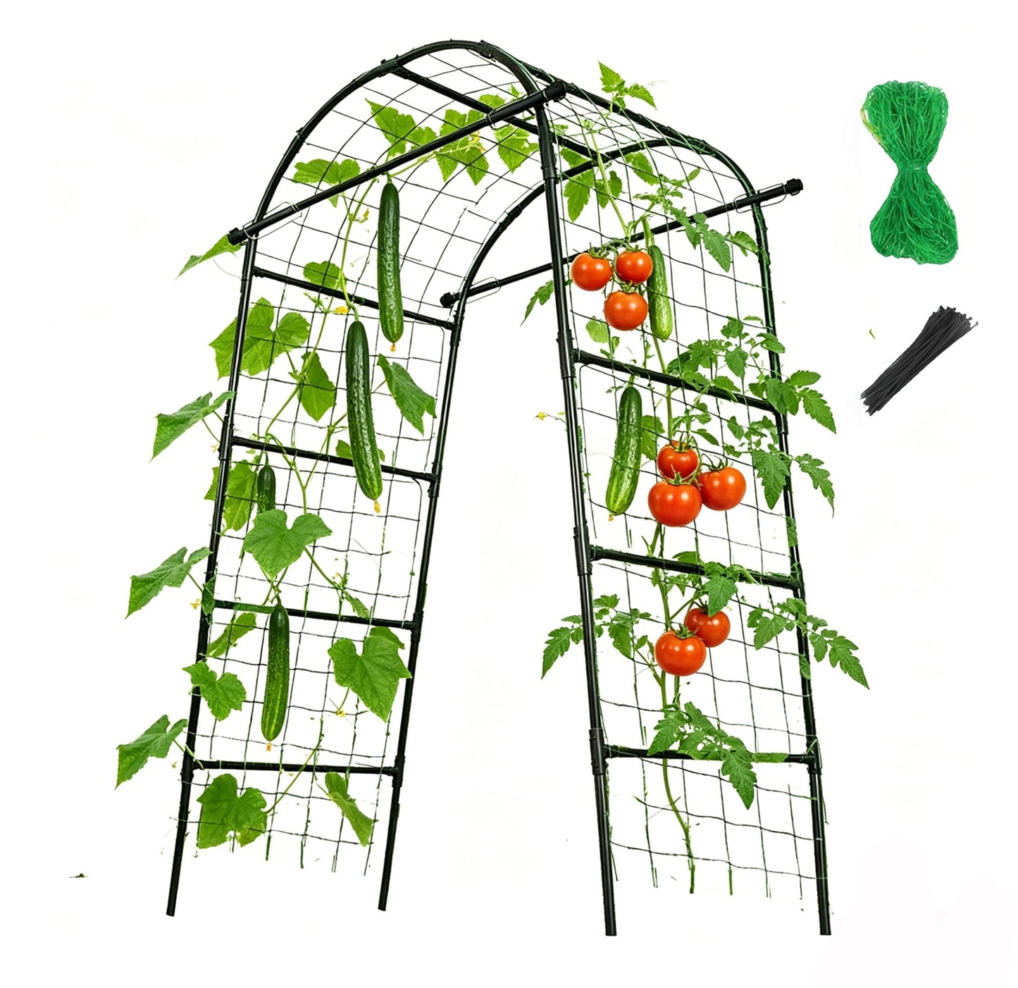 7FT Tall Garden Arch Trellis for Climbing Plants Outdoor Cucumber Trelli for Raised Bed, Metal Trellis Support with Net for Vegetables Tomato Zucchini Squash Beans Peas Melons, Rose Flowers,Vines