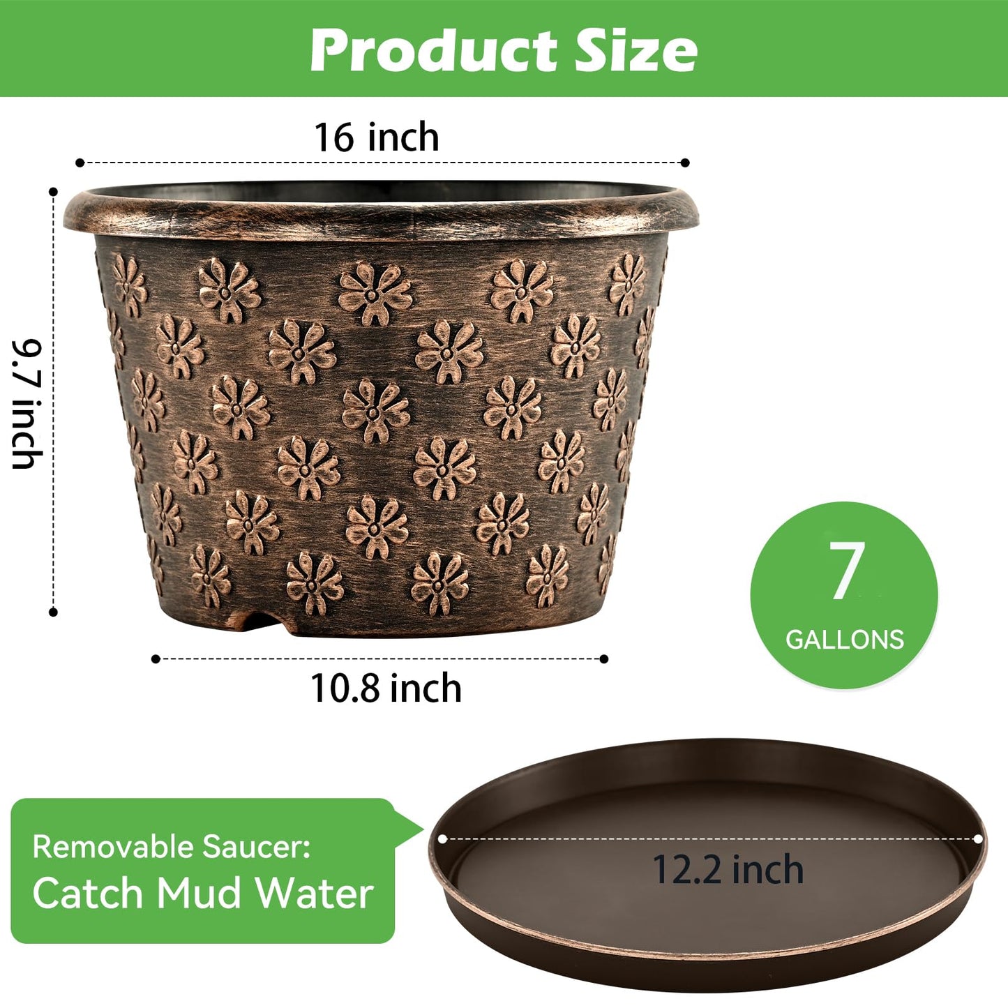 16 Inch Planter Pots for Plants, Plastic Large Flower Pots Indoor Outdoor, 4 Pack Resin Plant Pot with Drainage & Saucer, Retro Decorative Garden Pot with Removable Trays for House