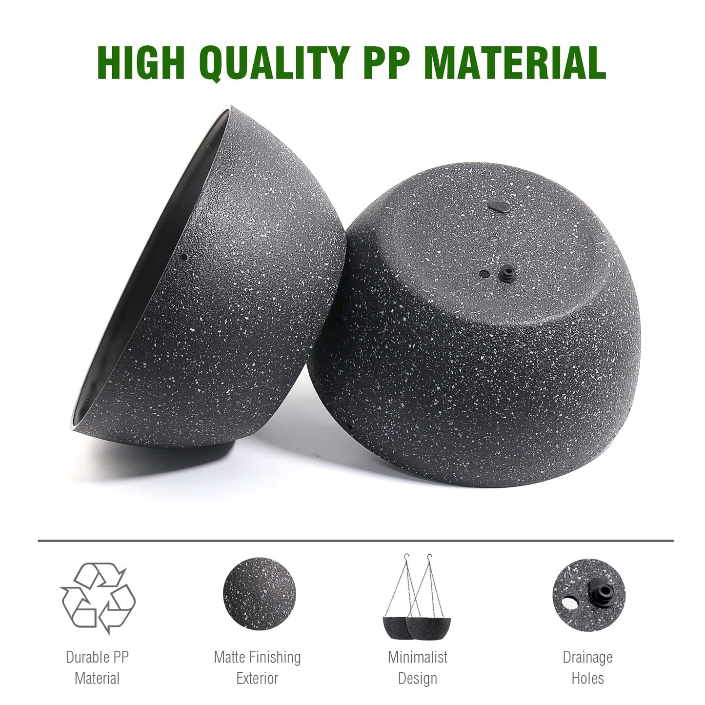 WSMKSZ 10 inch Hanging Planters for Outdoor Indoor Plants with Drainage Holes and Chain, 2 Pack Round Hanging Flower Pots for Garden Home Porch Decor, Speckled Black