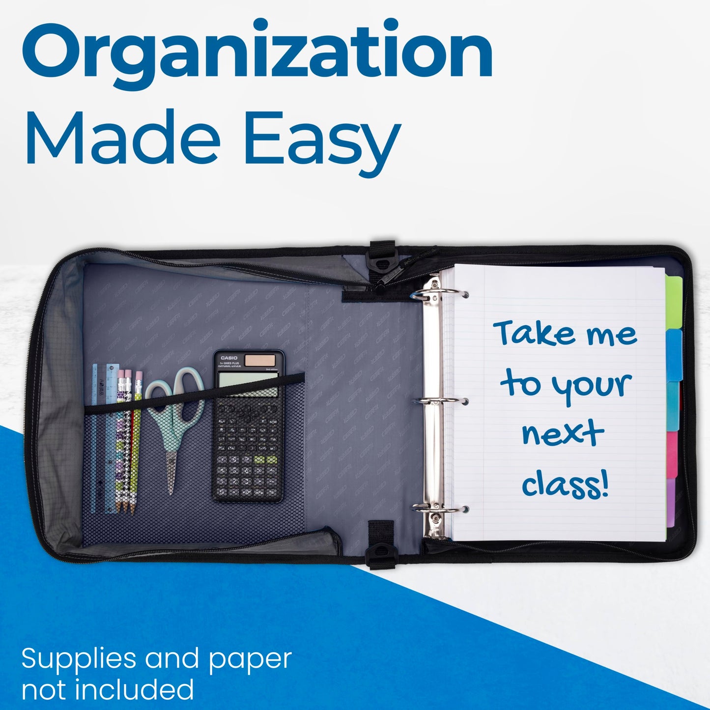 Case-it Classic Zipper Binder | 2-Inch O-Rings, 350 Sheet Capacity, Multiple Storage Pockets & Shoulder Strap | School & Office Organizer | D-251 Jet Black.