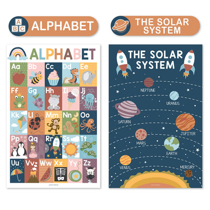 Hadley Designs 4 Alphabet, Map of United States, World Map, & Solar System Posters - Laminated ABC Charts for Toddlers Wall Decor, Boho Posters for Kindergarten, Prek Classroom or Homeschool 11x17