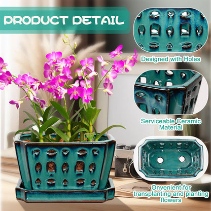 Teenyyou 1 Set Orchid Pot with Holes 7 Inch Ceramic Orchid Pot with Saucers for Repotting Amaryllis Flower Planter Include Gardening Shovel Set and Gloves for Home Decor(Green)