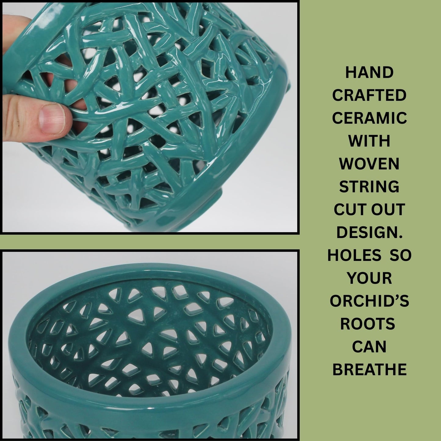 DESQUIGGLE Green Large Ceramic Orchid Pot with Holes, 6 Inches Wide, for Indoors or Outdoors with Woven String Cut Out Design, Orchid Planters, Orchid Gifts