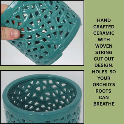 DESQUIGGLE Green Large Ceramic Orchid Pot with Holes, 6 Inches Wide, for Indoors or Outdoors with Woven String Cut Out Design, Orchid Planters, Orchid Gifts