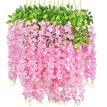GPARK 12 Pieces/Each 45 inch / 3.7 ft Wisteria Artificial Flower Bushy Silk Vine Ratta Hanging Garland Hanging for Wedding Party Garden Outdoor Greenery Office Wall Decoration Pink