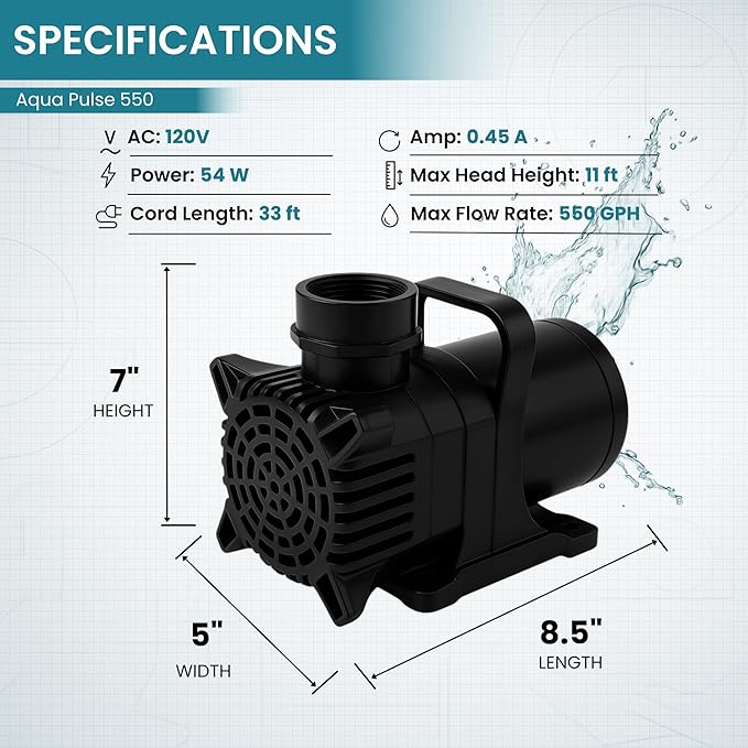 HALF OFF PONDS Submersible Water Pump, 550 GPH Pond Pump with 33FT Power Cord and 11FT Max Head, 54W Ultra Quiet Energy Efficient Pump for Koi Pond, Fountain, Waterfall, Water Garden, Skimmer