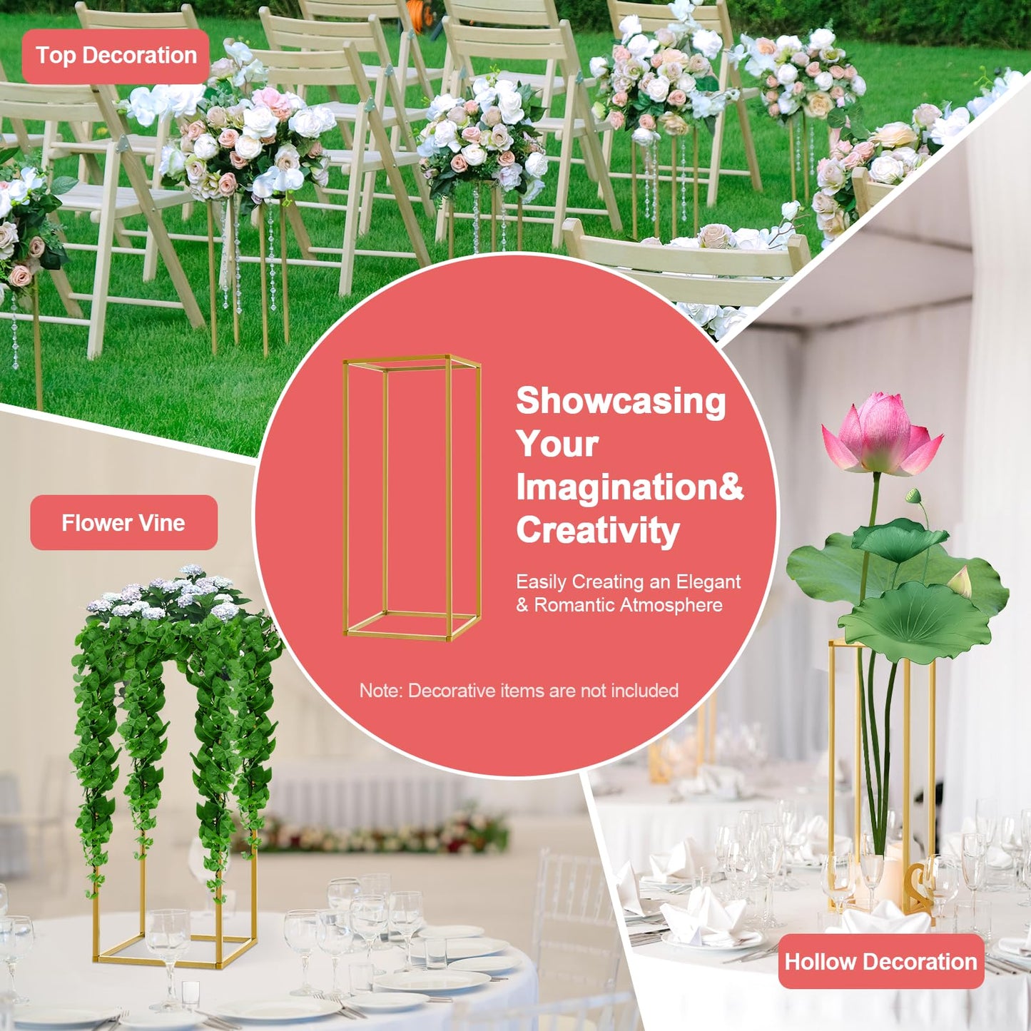 10 Pack 23.6 Inch Gold Wedding Flower Stand Metal Vase Column Stand Geometric Centerpiece Vase for Home Party Wedding Decorations, Rectangular Flower Display Rack
