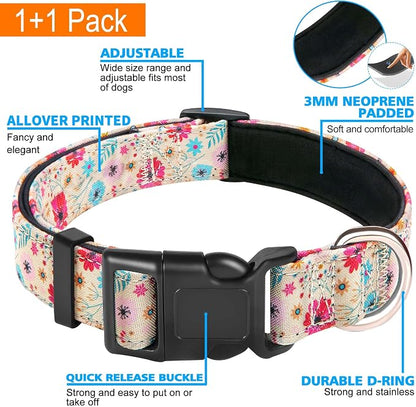 Ladoogo Reflective Dog Collar Padded with Soft Neoprene Breathable Adjustable Nylon Dog Collars for Small Medium Large Dogs (X-Small (Pack of 1), Vanila/Pink Floral Collar+Leash)