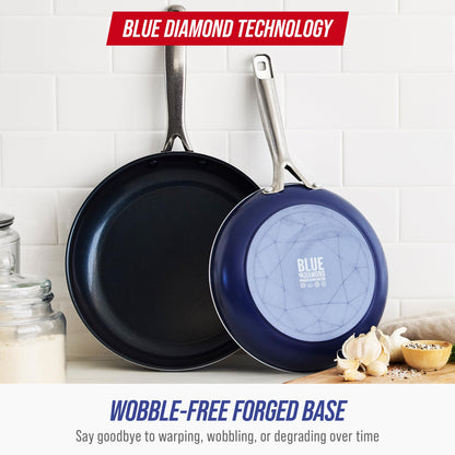 Blue Diamond 9.5” & 11" Nonstick Frying Pan Skillet Set, Diamond Infused PFAS & PTFE-Free Ceramic Pots & Pans, Dishwasher & Oven Safe, Stay Cool Handles, Durable Non Toxic Metal Utensil Safe, Blue