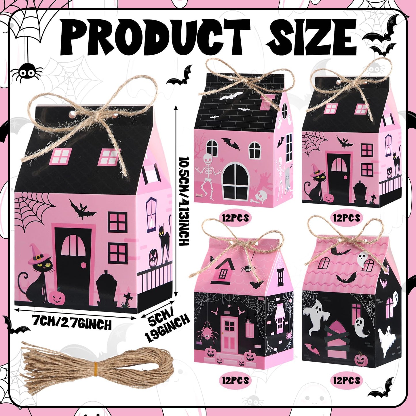 Zhanmai 48 Pcs Pink Halloween Treat Boxes Mini Black Castle House Candy Pink Box Small Halloween Paperboard Gift Container for Holiday Party Treat Cookie Goodie Snack Gift Packaging