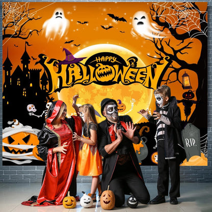 Halloween Backdrop 10x8ft Orange Happy Halloween Banner Decorations Moon Scary Castle Ghost Pumpkin Lantern Backdrops Large Halloween Background for Photobooth Props