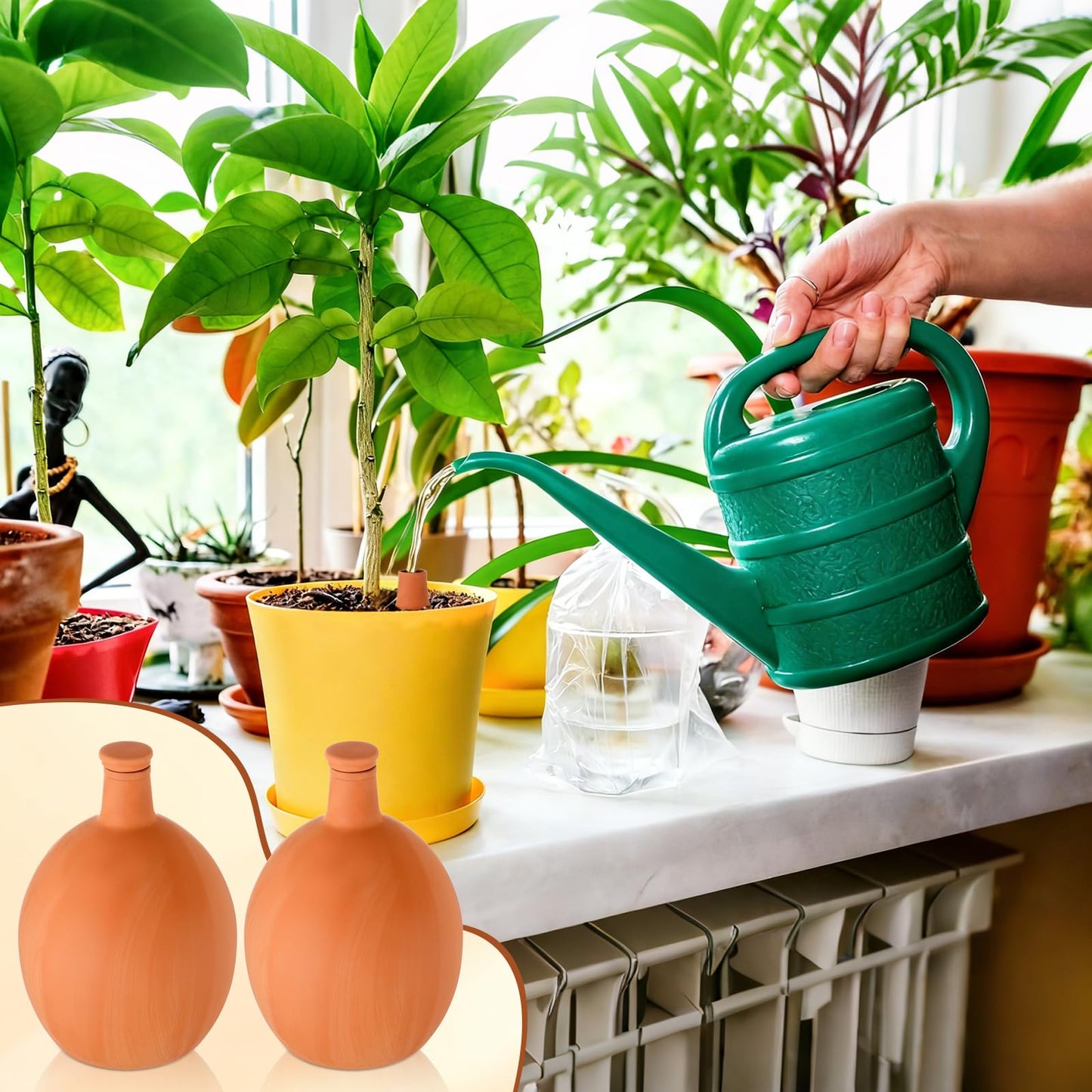 Ferrochef 2 Pcs Large Terracotta Watering Pots 118 oz Ollas Self-Watering Pots Terracotta Watering Globes with Lid Plant Irrigation System for Indoor Outdoor Plants Raised Beds Garden