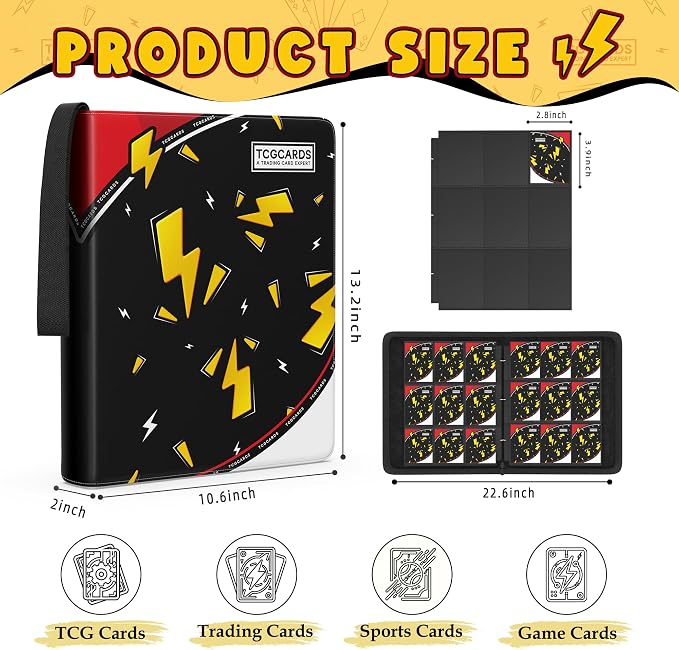 Card Binder for Pokemon Cards, 9 Pocket Trading Card Binder Holds 900 Cards with 50 Removable Sleeves, 3 Ring Zipper Card Holder Album Book Case for TCG, MTG, Sports Cards Collection, Boys Girls