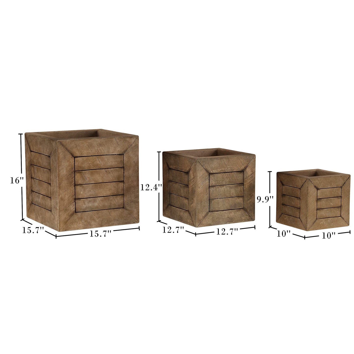 Pure Garden Plant Pots - Wood-Look Planter Set of 3-15.7”, 12.7” and 10” Square Large Outdoor Planters - Rustic Flower Pots Outdoor (Brown)