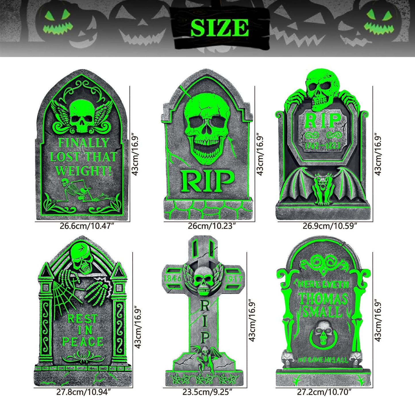 6 Pack Halloween Tombstones Graveyard Decorations, Halloween Yard Sign Glow in The Dark, 17”×10” Waterproof Outdoor Light Up Tombstones, Spooky Light Up Gravestones for Yard, Home, Party, Scary Decor