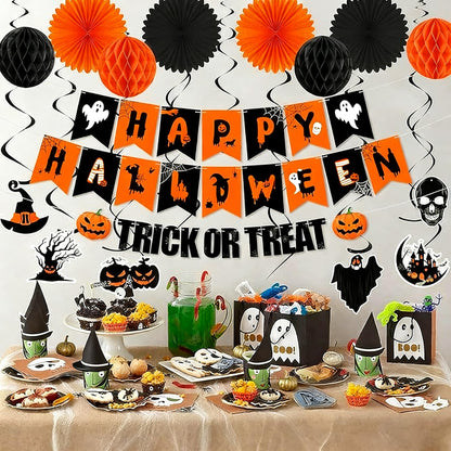 Halloween Party Decorations Indoor, Happy Halloween Banner Sign Decorations Kit with Honeycomb Ball Paper Fans Pumpkin Bat Hanging Swirls Streamers for Home Party Decor