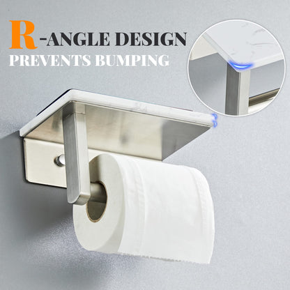 Brushed Nickel Toilet Paper Holder with Shelf, 304 Stainless Steel Screw Wall Mounted, Marble Tissue Roll Holder with Storage