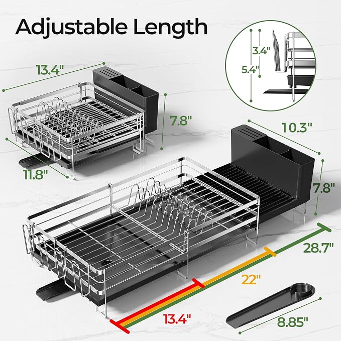Large Dish Drying Rack, Expandable Dish Rack, Stainless Steel Anti-Rust Dish Racks for Kitchen Counter, Multifunctional Dish Drainer with Utensil Holder & Cup Holder, 13.4"-28.7" L x 11.8" W