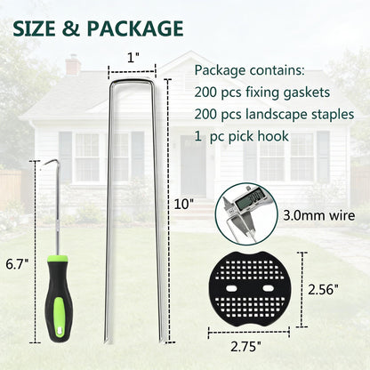 10 Inch 200 PCS Galvanized Landscape Staples with 200 PCS Gasket, Landscape Fabric Pins Stakes Lawn Ground Cover Graden Staples Spikes Weed Barrier Stakes