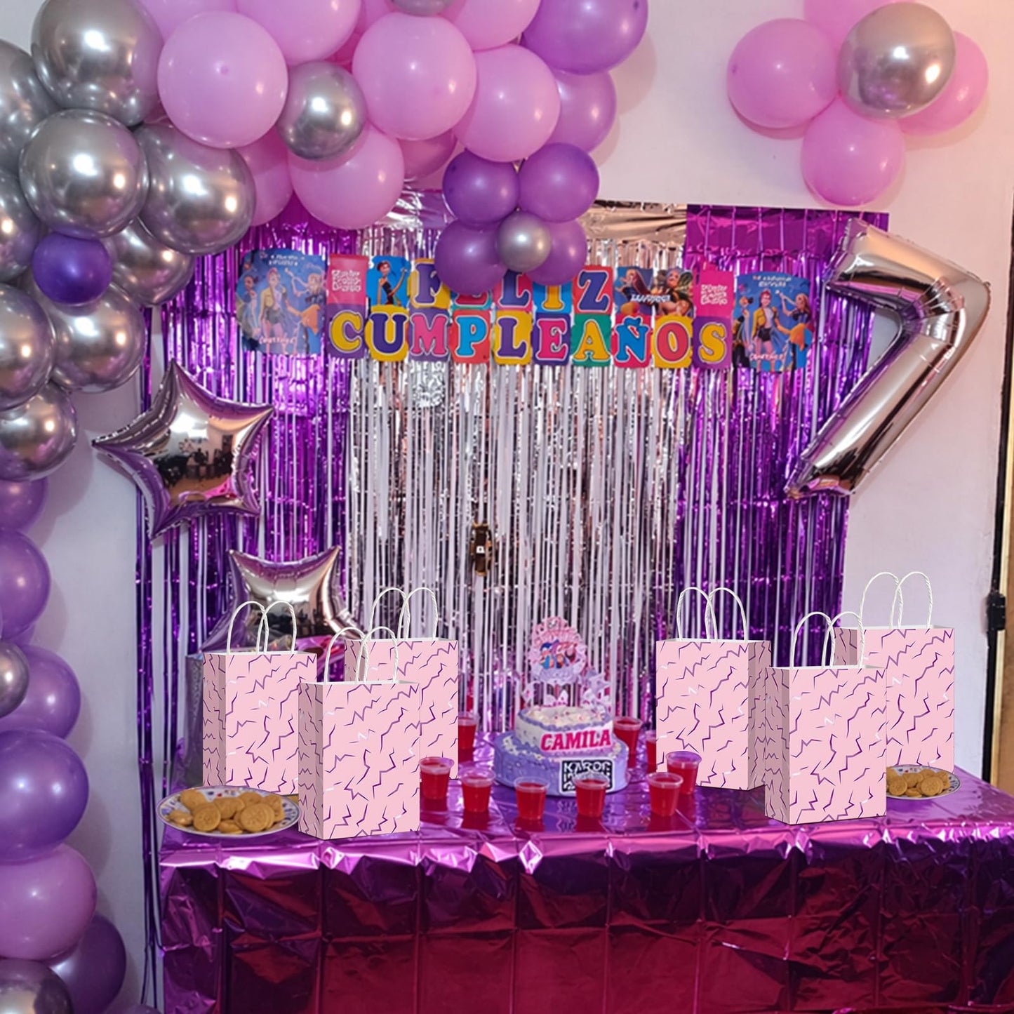 Hauwellter 24 Pcs Kpop Party Favor Bags, Pink and Purple K Pop Themed Kraft Paper Gift Bags with Handles, Bulk Goodie Treat Bag for Kpop Disco Halloween Birthday Party Supplies Decorations