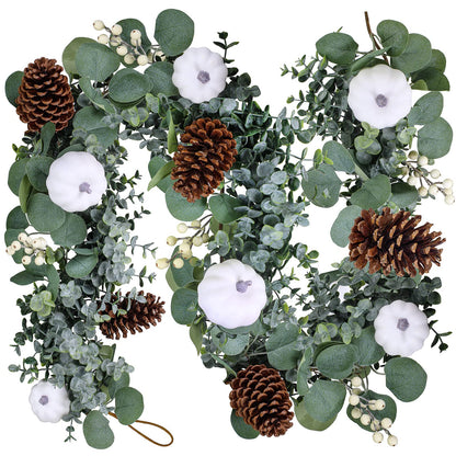 Winlyn Fall White Pumpkin Artificial Eucalyptus Garland with Pumpkins Pinecones Berries - Fall Decor, 5.9' L - Farmhouse Wedding Arch Backdrop, Thanksgiving Mantel, Table Runner, Centerpiece