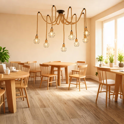 Hodevimall Spider Chandeliers, 8 Arms Industrial Spider Ceiling Light Fixture Hanging Hemp Rope DIY Adjustable 8-Light Steampunk Chandelier for Kitchen Island, Living Room, Entryway, Dining Room, Bar