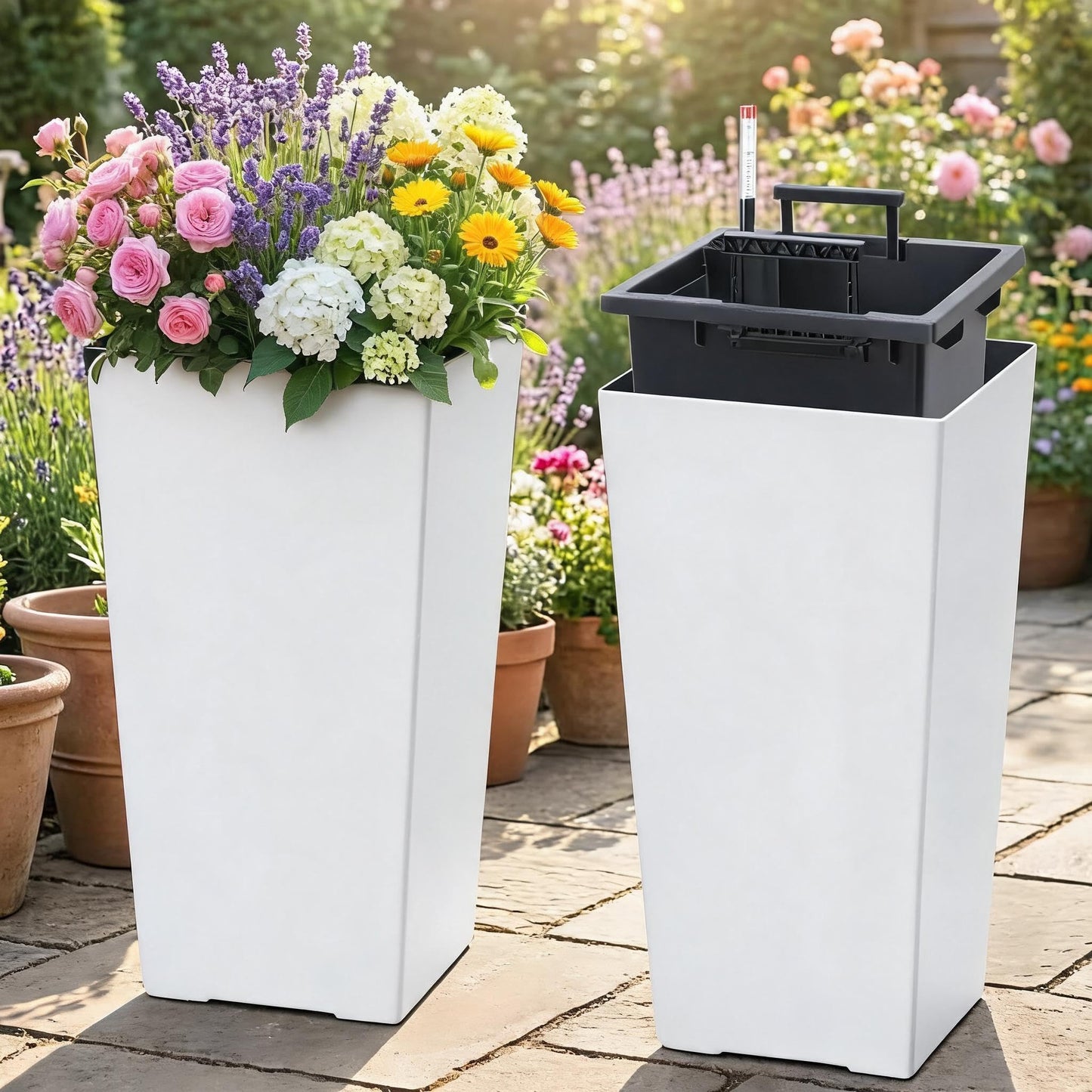 SierraSquad 16" Tall Planters Set of 2, Indoor & Outdoor Black Planter Pots, High Front Porch Planters with Drainage Holes, Water Level Monitor, and Inner Bucket, White