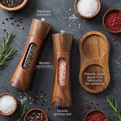 Wood Salt and Pepper Grinder Set, 8 inch Manual Refillable Wooden Salt and Pepper Shakers Mill with Brush, Tray and Spoon, Adjustable Coarseness, Solid Wood with Ceramic Stainless Steel Core