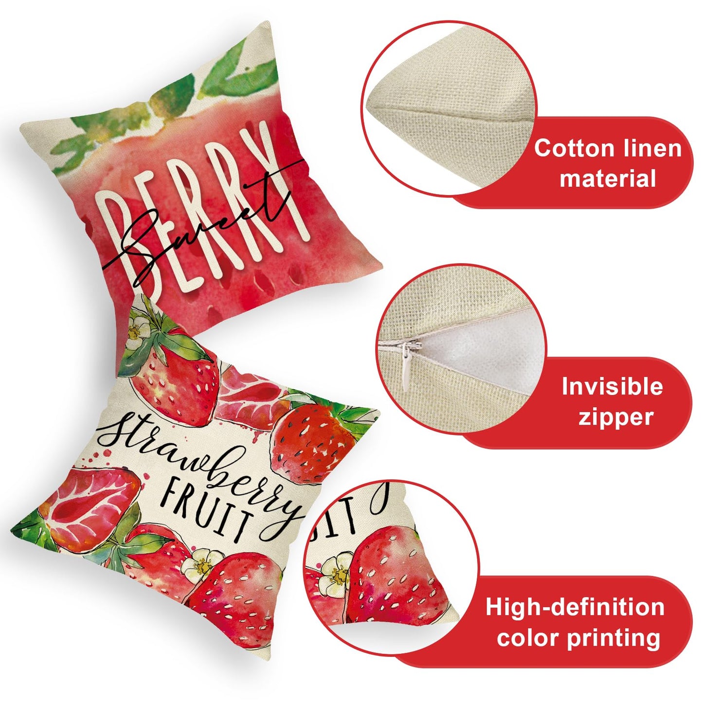 Ussap Spring Summer Strawberry Decorative Throw Pillow Covers 20 x 20 Set of 4, Life is Sweet Red Fruit Cushion Case Decor, Sweet Berry Seasonal Home Decoration for Sofa Couch