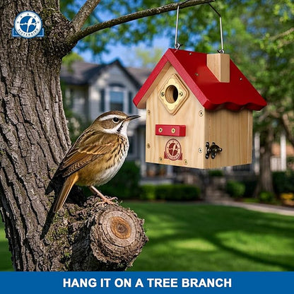 SISTERBIRD Wren Bird House, Premium Wooden Bird Houses for Outside, Classic Cabin Design Birdhouses for Outdoors, Hanging Bird House, Red-Breasted Nuthatch Wren Chickadee
