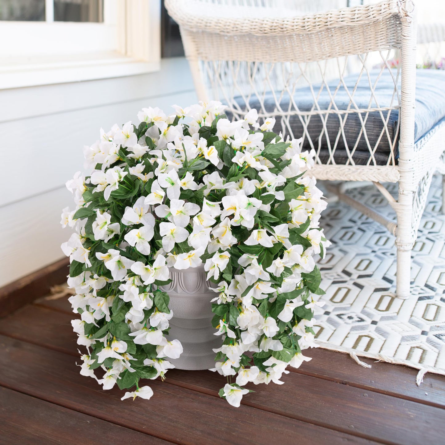 Faux Bougainvillea Artificial Flowers for Outdoors Fake Plants Outside Decoration, 2 PCS White Faux Flowers UV Resistant Look Real Silk Long Trailing Vines for Front Door Porch Planter Patio Garden