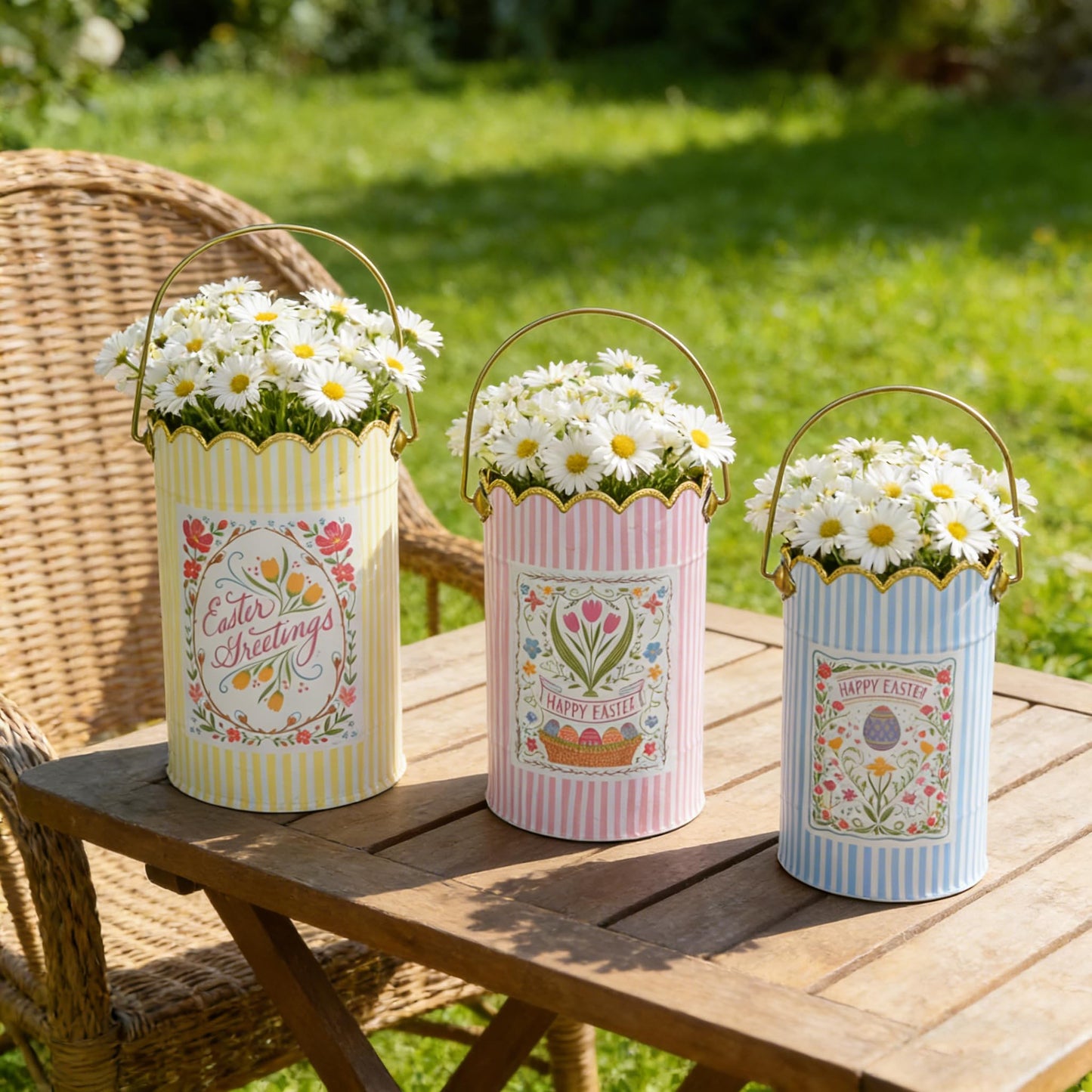 Zorvynelle Set of 3 Metal Bucket with Handle Decorative Floral Basket Bucket Cute Striped Design Flower Planter for Easter, Gift Baskets, Garden & Home Decor