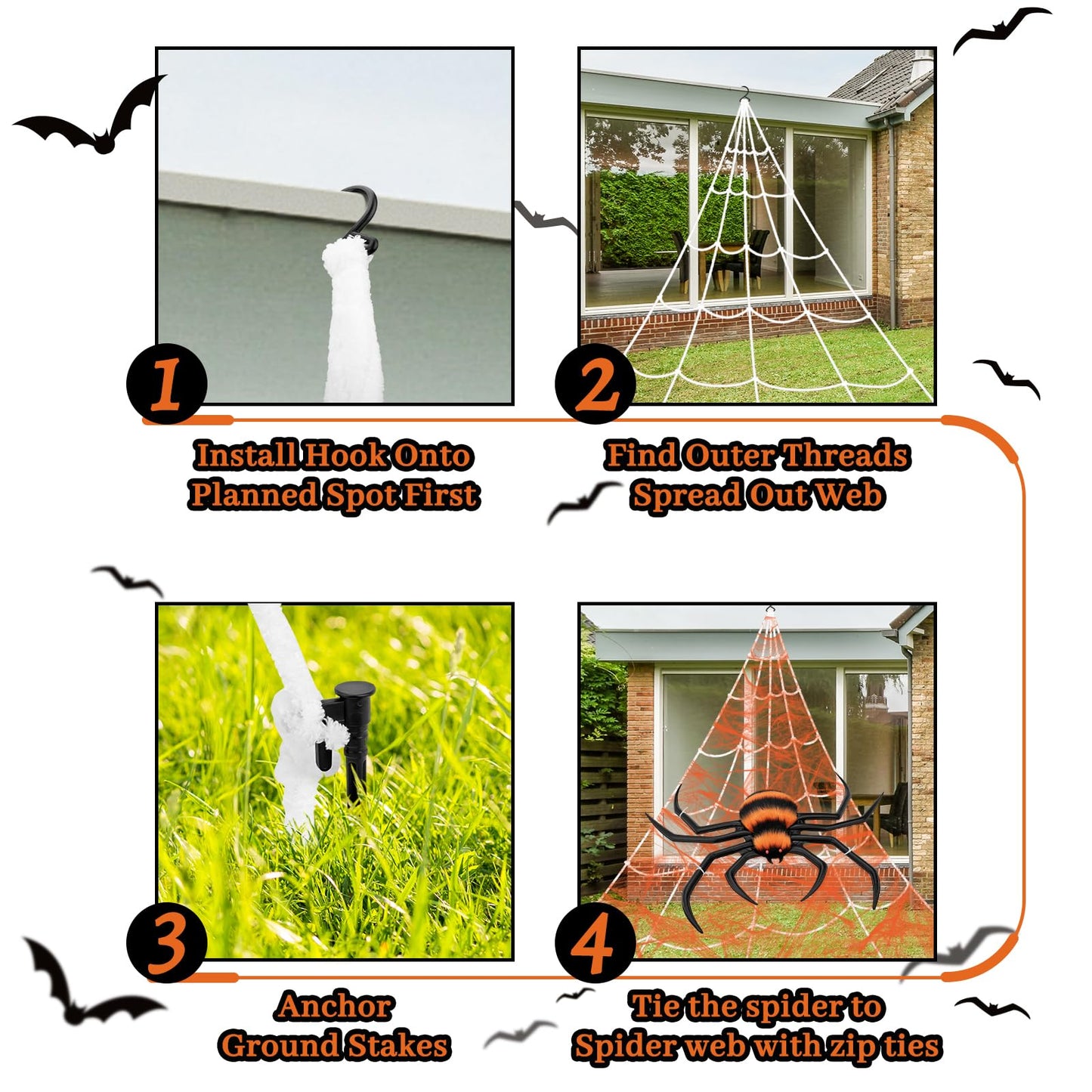 Halloween Decorations Spider Web, 40'' Inflatables Giant Spider + 200'' Triangular Giant Spider Web + 20G Spider Web, Scary Hairy Fake Halloween Spiders Props for Indoor Outdoor Party Halloween Yard.