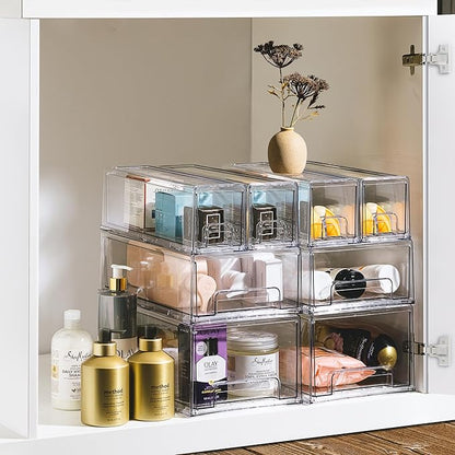 Sorbus 1 Medium & 2 Small Clear Stackable Storage Drawers – Plastic Organizer Bins with Handles – Stackable Pull-Out Storage Drawers for Closet, Pantry, Office, Bathroom, Craft, and Toy Organization