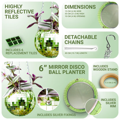 Bubblegum Stuff - Green Disco Ball Hanging Planter - 6 Inches - Hanging Planters - Indoor Plants - Available in Multiple Different Sizes - Great Gift for Plant Lovers!