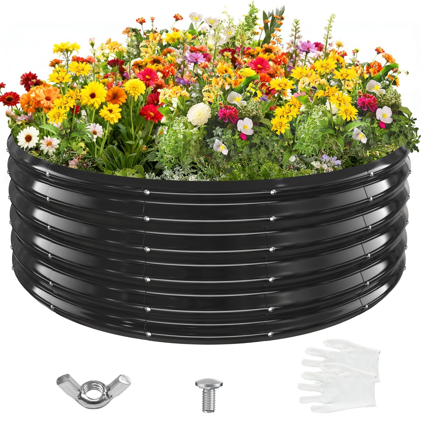 YSEJOMP 17" Tall Round Outdoor Garden Raised Garden Bed Kits-0.8MM Thick Metal Raised Planter Bed/Ground Planter Box for Variety of Flowers,Herbs,Vegetables,Trees (Black, 48 Dia X 16.5inches)