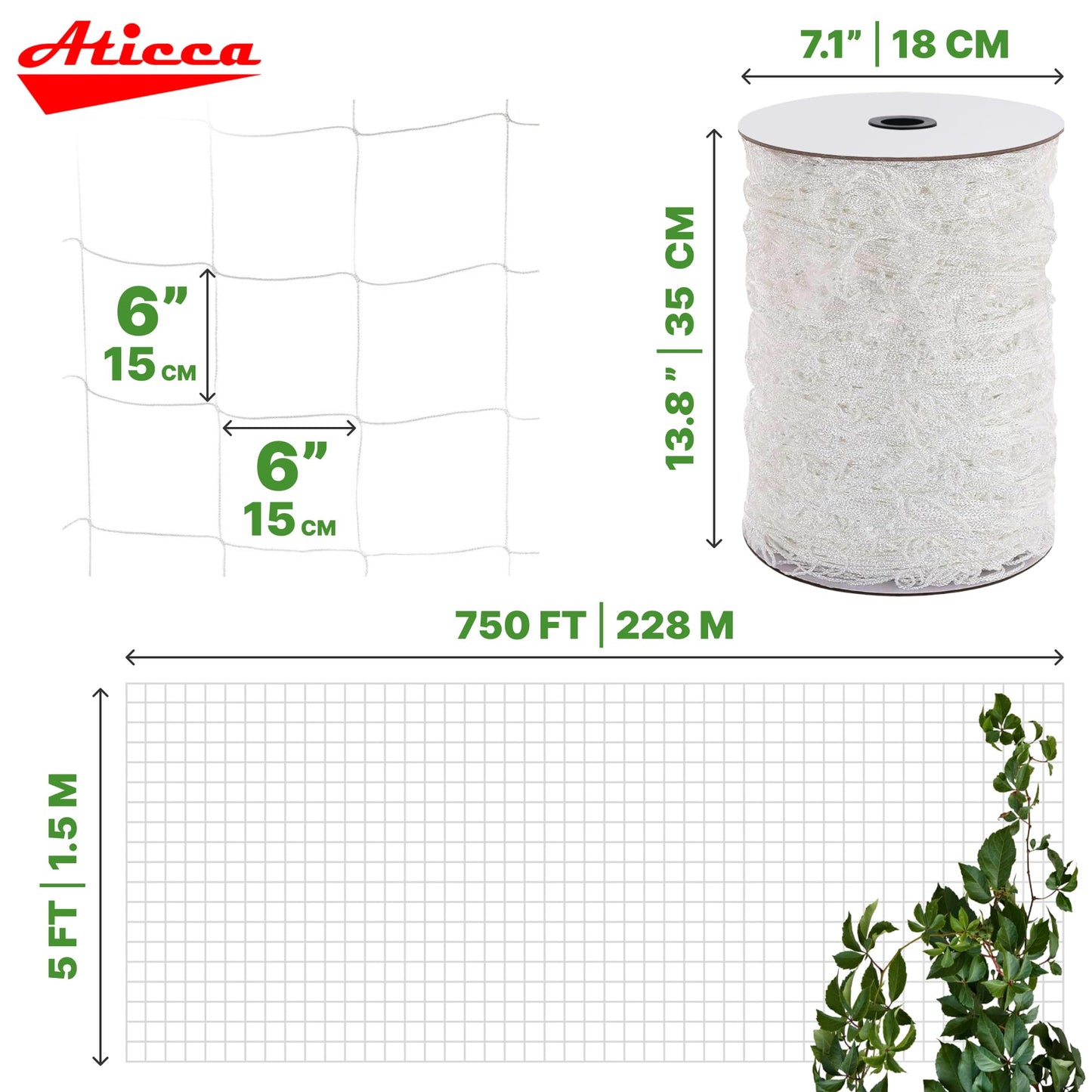 ATICCA Trellis Netting 5 x 750 ft Heavy Duty Polyester Plant Support Netting White - 6 Inch Garden Rope Trellis on Roll - Mesh Twine for Growing Vine Climbing Plants, Flowers, Peas, and Tomatoes.