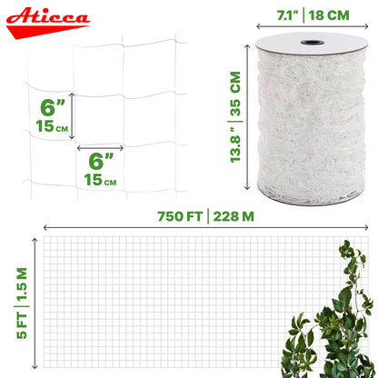 ATICCA Trellis Netting 5 x 750 ft Heavy Duty Polyester Plant Support Netting White - 6 Inch Garden Rope Trellis on Roll - Mesh Twine for Growing Vine Climbing Plants, Flowers, Peas, and Tomatoes.