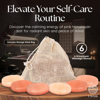 UMAID Himalayan Salt Massage Stones 6-Pack – Pink Crystal Spa Stones with Cotton Mesh Bag for Relaxation, Self-Care, Meditation & Wellness, Unique Spa Gifts for Men & Women