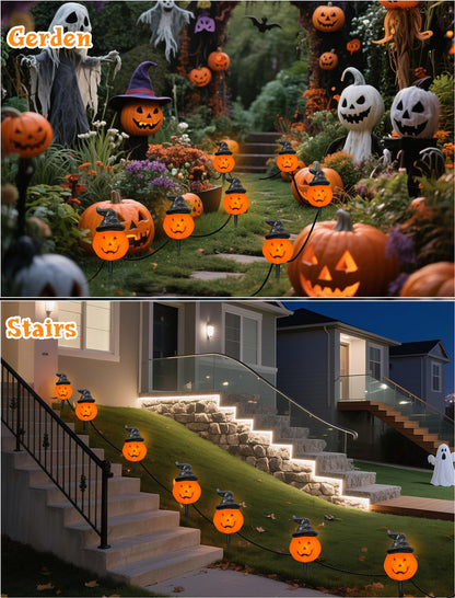 Oviejo Halloween Decorations Outdoor C7 Halloween Pumpkin Pathway Stake Lights, 7Ft Jack-o-Lantern Garden Light with 4 C7 LED Bulbs, Pathway String Lights for Outdoor Garden Walkway Party Lighting