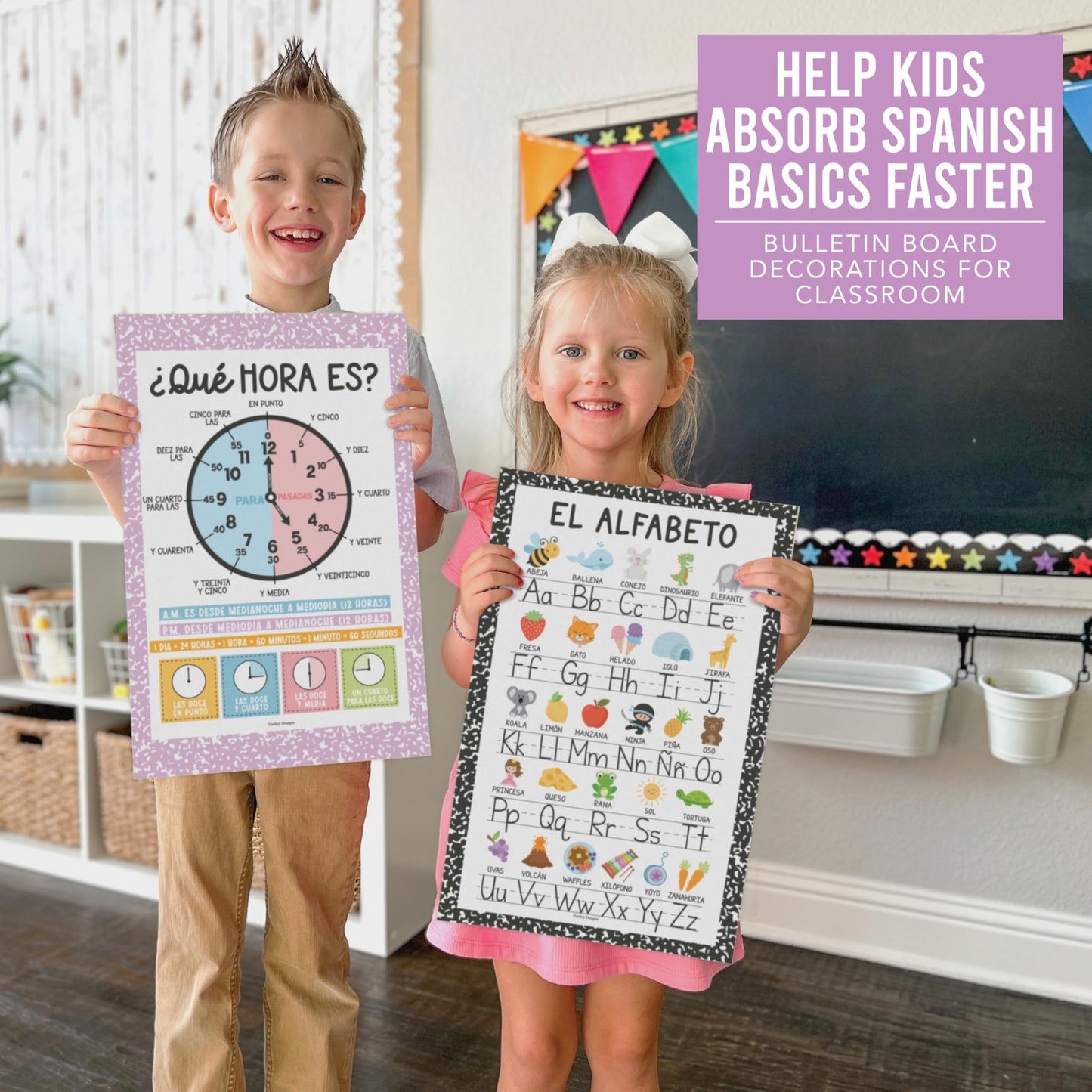 Hadley Designs Spanish Posters for Classroom - 12 Bilingual Educational Posters for Spanish Classroom Decorations Must Haves, Calendario y Alfabeto en Español Para la Pared, Pastel Teacher Supplies