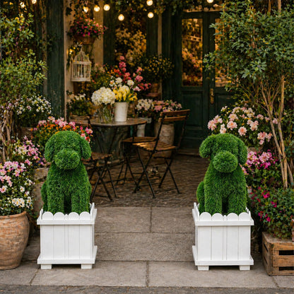 Verdcassz 34.6" Original Design Handcrafted Dog Topiary with White Planter - Premium Faux Boxwood Sculpture, Front Porch Decor, UV-Resistant, No Maintenance, Artificial Plant for Entryway & Patio