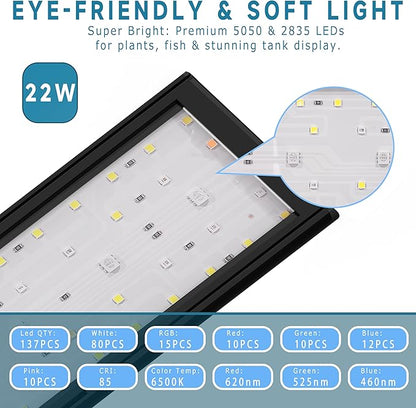 24/7 Mode LED Aquarium Light for 30-36 Inch Plant & Fish Tank, IP68 Full Spectrum Light, Sunrise-Daylight-Moonlight, White Red Green Blue Pink LEDs with Extendable Brackets for Freshwater