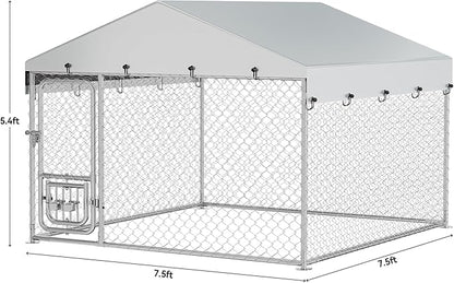 YITAHOME Outdoor Dog Kennel with Rotating Feeder Bowls, 7.5'x7.5' Outdoor Dog Enclosure with Roof, Heavy Duty Dog Cage for Medium Large Dogs