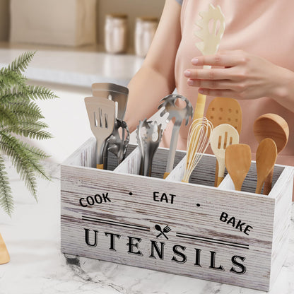 ZUJJAFY Utensil Holder for Kitchen Counter, Large Kitchen Utensil Holder for Countertop with 4 Compartments, Wooden Cooking Utensil Organizer for Spatula Storage, White